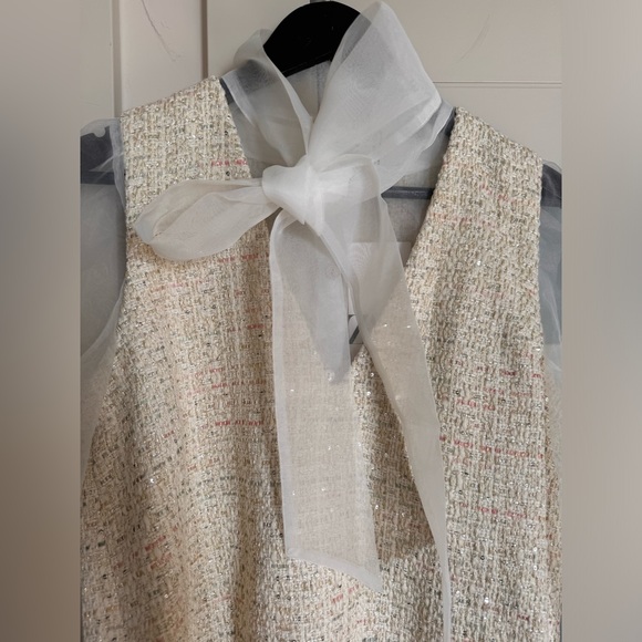 BNWT Zara Sequins Tweed Fringes Vest Sheer Organza Neck tie women’s blouse top M - Picture 10 of 10